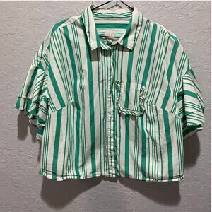 A New Day Women's Cropped Short Sleeve Ruffle Top Green White Sz 1X  Boho